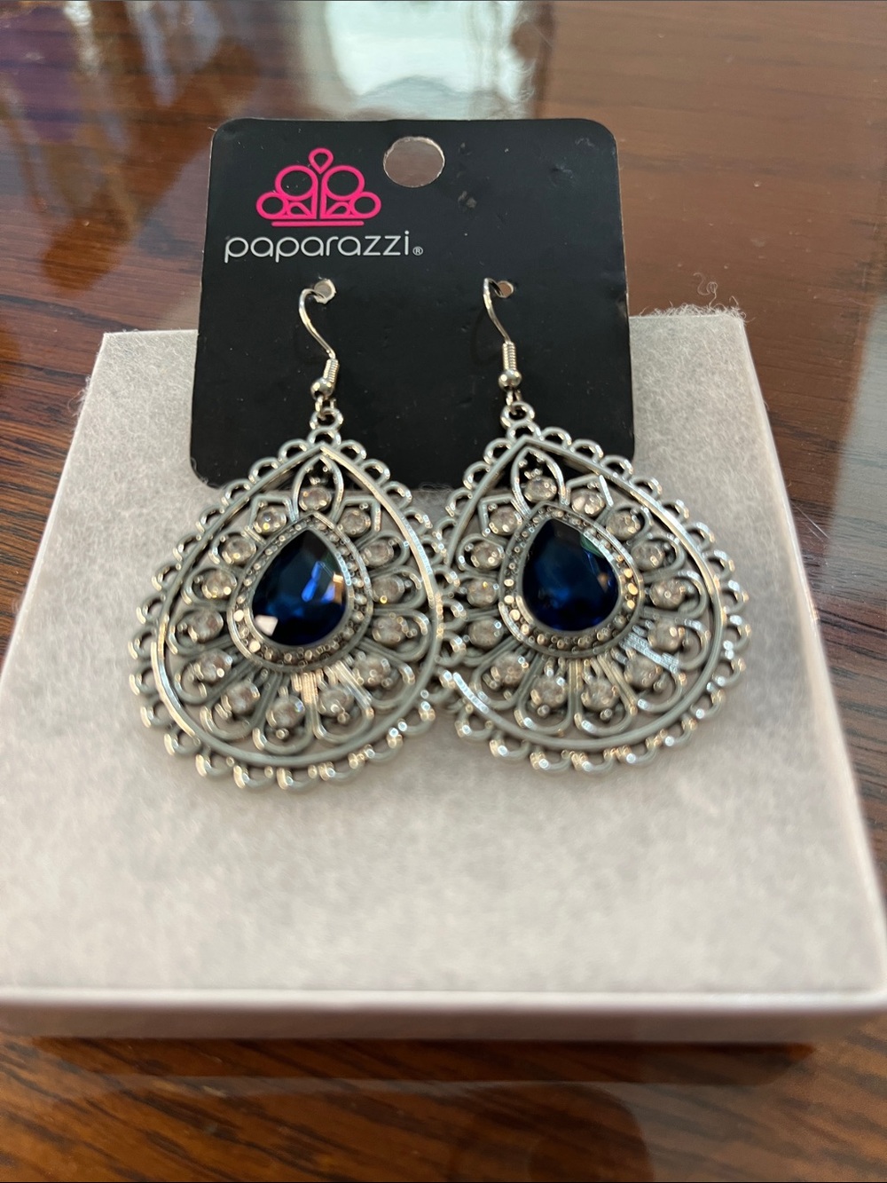 Paparazzi Silver Filigree Teardrop Earrings with Deep Blue Stone